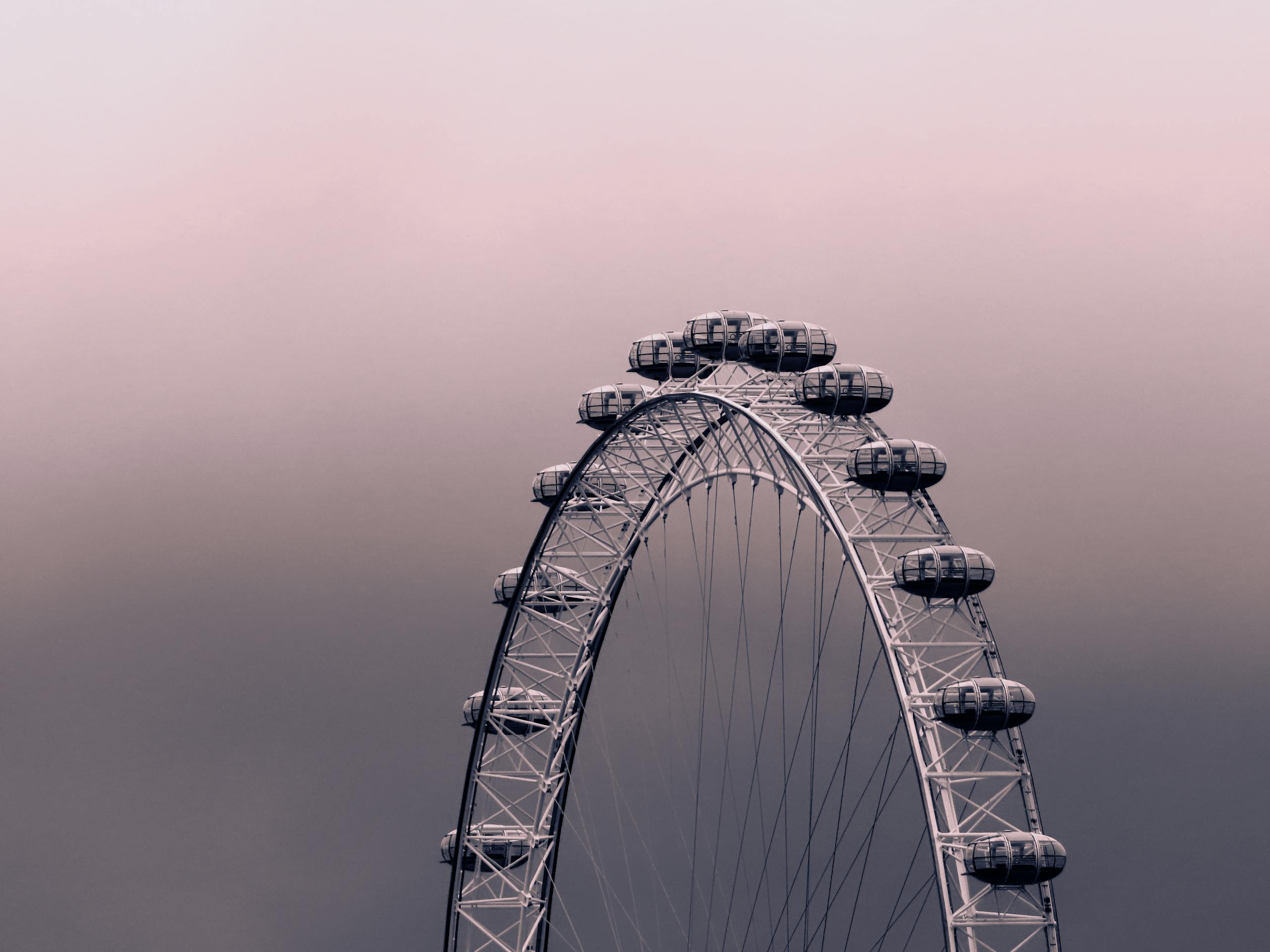 Close-up of the London Eye with a moody twilight sky, capturing a sense of urban elegance.